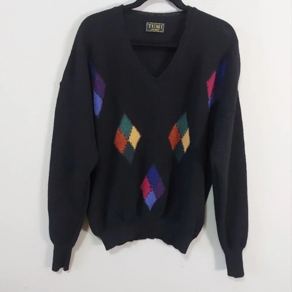 Tumi Men Argyle Alpaca Sweater Size XL Preppy Retro Campus  90s V-neck Pullover